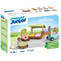 Playmobil Junior - 71691 Mercatino biologico, inclusi carrello della spesa e casse impilabili, giocattolo sostenibile realizzato