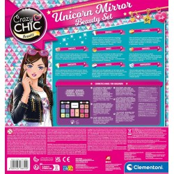 Clementoni - Crazy Chic Unicorn Mirror-Trousse con Cerchio Luminoso, Console con Trucchi Lavabili e Pennelli Professionali, Set 