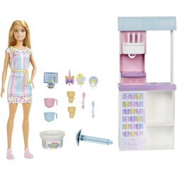 Mattel - Barbie - Playset Gelateria con Bambola con Macchina per Gelato, Accessori, 2 Tipi di Pasta Modellabile, Giocattolo e Re