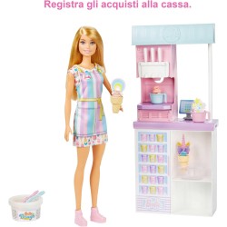 Mattel - Barbie - Playset Gelateria con Bambola con Macchina per Gelato, Accessori, 2 Tipi di Pasta Modellabile, Giocattolo e Re