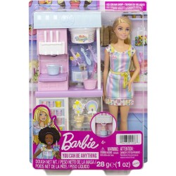 Mattel - Barbie - Playset Gelateria con Bambola con Macchina per Gelato, Accessori, 2 Tipi di Pasta Modellabile, Giocattolo e Re