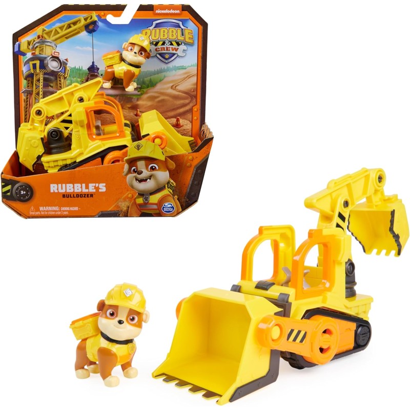 Spin Master - Rubble &amp; Crew, Veicolo da lavoro di Rubble, Bulldozer giocattolo con parti mobili e personaggio da collezione,