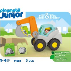 Playmobil - Junior 71684 Escavatore, inclusi tetto della cabina pieghevole e pietre impilabili, giocattolo sostenibile realizzat