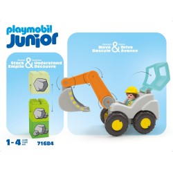 Playmobil - Junior 71684 Escavatore, inclusi tetto della cabina pieghevole e pietre impilabili, giocattolo sostenibile realizzat