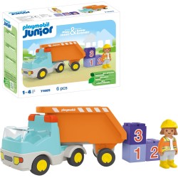 Playmobil - Junior 71685 Camion del cantiere, inclusi operaio edile e tre pietre impilabili, giocattolo sostenibile realizzato i