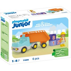 Playmobil - Junior 71685 Camion del cantiere, inclusi operaio edile e tre pietre impilabili, giocattolo sostenibile realizzato i