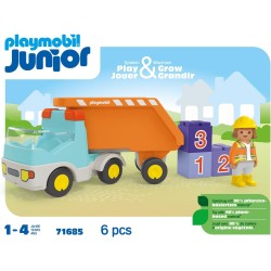 Playmobil - Junior 71685 Camion del cantiere, inclusi operaio edile e tre pietre impilabili, giocattolo sostenibile realizzato i