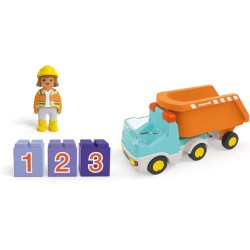 Playmobil - Junior 71685 Camion del cantiere, inclusi operaio edile e tre pietre impilabili, giocattolo sostenibile realizzato i