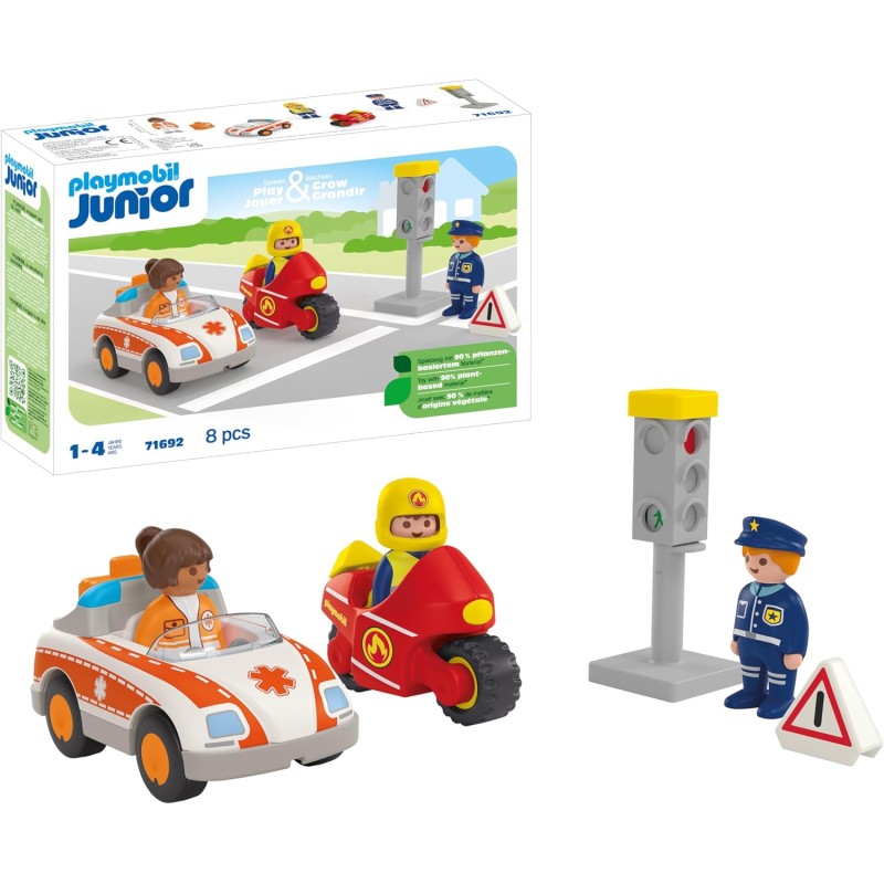 PLAYMOBIL - JUNIOR 71692 Eroi di tutti i giorni, pompiere e agente di polizia, giocattolo sostenibile realizzato in plastica a b