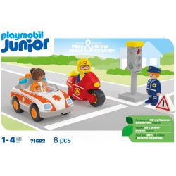 PLAYMOBIL - JUNIOR 71692 Eroi di tutti i giorni, pompiere e agente di polizia, giocattolo sostenibile realizzato in plastica a b