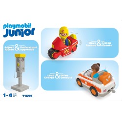 PLAYMOBIL - JUNIOR 71692 Eroi di tutti i giorni, pompiere e agente di polizia, giocattolo sostenibile realizzato in plastica a b