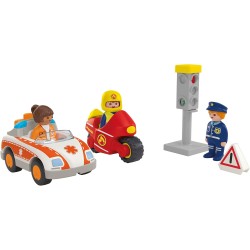 PLAYMOBIL - JUNIOR 71692 Eroi di tutti i giorni, pompiere e agente di polizia, giocattolo sostenibile realizzato in plastica a b