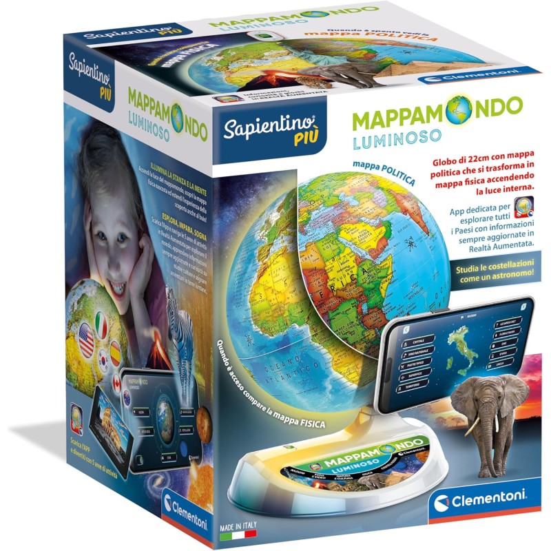 Clementoni - Sapientino Esploramondo Luminoso - Globo Interattivo Parlante, Mappamondo Bambini, Gioco Educativo 7 Anni, Elettron