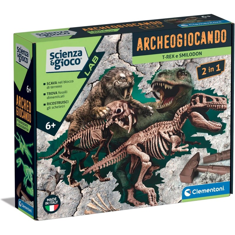 Clementoni - Scienza e Gioco Lab - Archeogiocando T-Rex e Smilodon 2 in 1, Gioco Scientifico 6+ Anni, Fossili Dinosauri da Scava