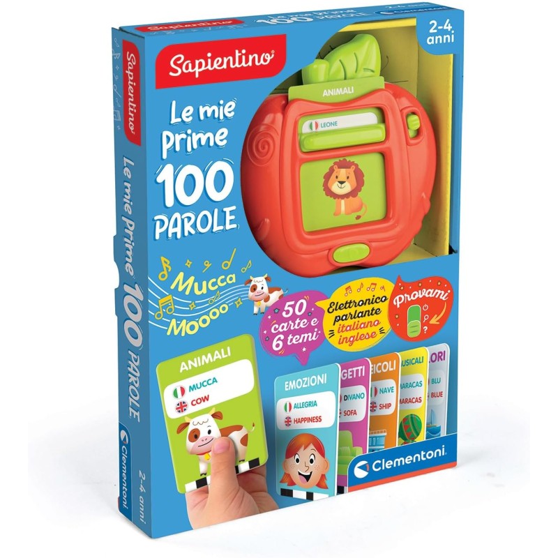 Clementoni - Sapientino Le Mie Prime 100 Parole Gioco Educativo 2 Anni, Regalo Elettronico Parlante Italiano, Flashcards, Schede