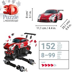 Ravensburger - Puzzle 3D, Porsche 911 GT3 Cup Salzburg, per Adulti e Bambini 8+ Anni, Idea Regalo, 152 Pezzi, 11558