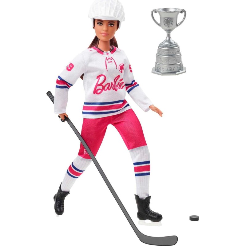 Mattel - Barbie - Giocatrice di Hockey, Bambola Curvy Sport Invernali Alta 30+ cm, con Maglia Sportiva e Accessori, Casco, Basto