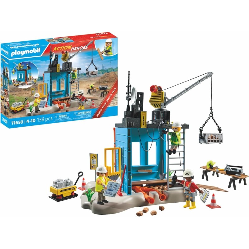 PLAYMOBIL - Action Heroes Promo Pack 71650 Cantiere, con tre personaggi, gru mobile e tanti accessori inclusi, PM71650