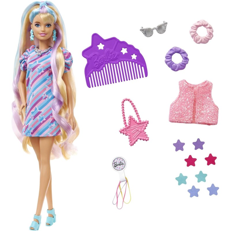 Barbie - Super Chioma Bambola con Abito a Stelle, Capelli Fantasia Lunghi 21,6cm, Abito, 15 Accessori alla Moda - 8 con Effetto 