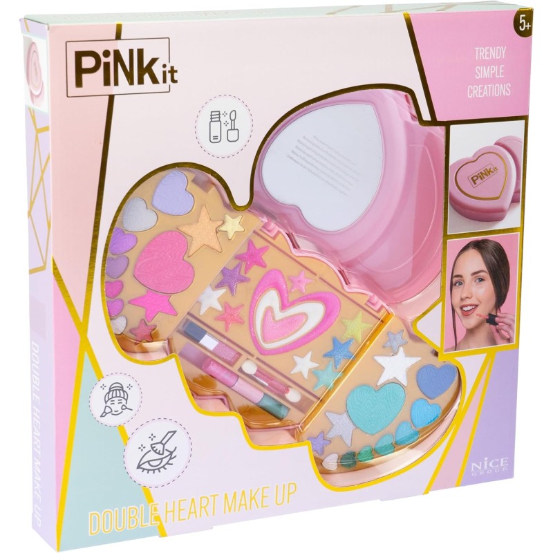 Nice Group - Pink It Double Heart Make Up, 1 Cofanetto di Trucchi a forma di Cuore con Ombretti, Lucidalabbra, Blush per Bambini