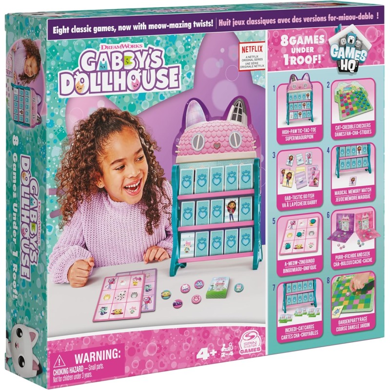 Spin Master - Games Gabby s Dollhouse, Quartier Generale con 8 Giochi da Tavolo Classici: Dama, Tris, Gioco delle Coppie, Tombol