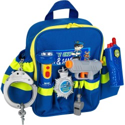 Theo Klein - 8802 Zaino della polizia con accessori, Con torcia tascabile a batteria, manette e molto altro, Dimensioni- 28 cm x