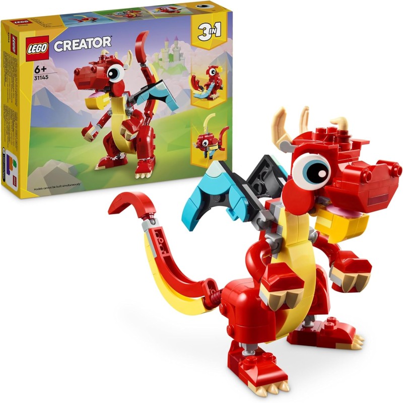 LEGO - Creator 31145 3 in 1 Drago Rosso, Giochi per Bambini e Bambine da 6 Anni Fan degli Animali, Action Figure Ricostruibile i