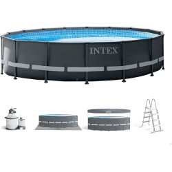 INTEX - Piscina XTR Ultra Frame 488X122 cm Rotonda, Pompa a sabbia, scaletta, telo base, copertura, 26326