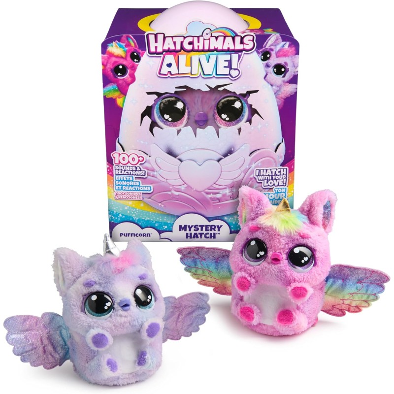 HATCHIMALS Alive, Uovo Mystery Hatch Pufficorn, Peluche Interattivo a Sorpresa con Effetti Speciali, Nebbia, Luci, 100 Reazioni 