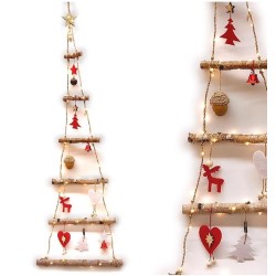 Scala ad Albero Con Bozzoli E Bacche Illuminata 90 LED Batteria - Legno Naturale 102 cm