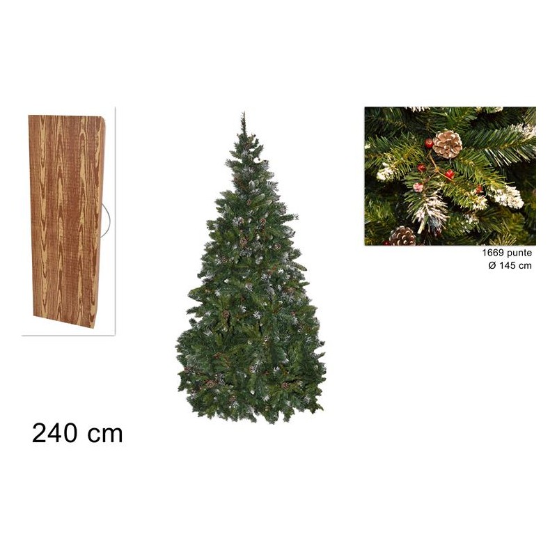 ALBERO DI NATALE VERDE PINO PUNTE BIANCHE BACCHE PIGNE ARTIFICIALE 240 cm RUSTICO