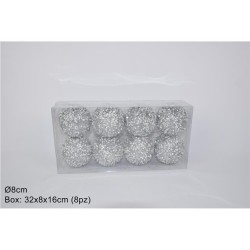 BOX PALLE Ø 8 CM 8 PZ GLITTERATE SILVER CON GHIACCIO