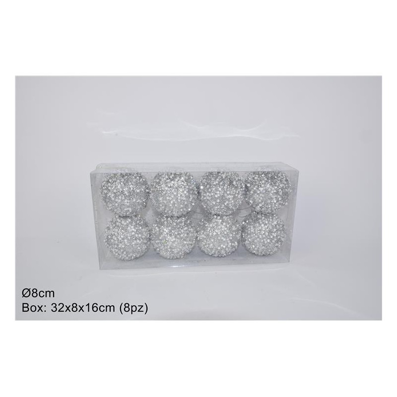 BOX PALLE Ø 8 CM 8 PZ GLITTERATE SILVER CON GHIACCIO