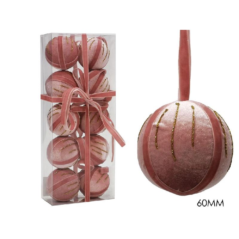 PALLINE DI NATALE Ø 6 CM IN VELLUTO ROSA E ORO SET 10 PZ