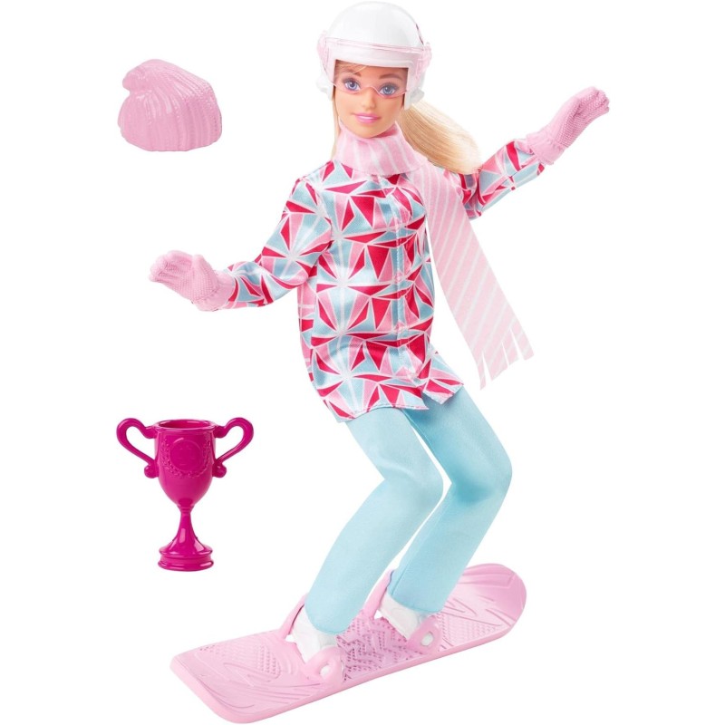 Mattel - Barbie Snowboarder, Alta 30+ cm, bionda e con Giacca e Pantaloni da Sport Invernali, Tanti Accessori tra Cui Sciarpa, C