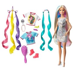 Barbie Bambola Capelli Fantasia A Tema Unicorni E Sirene con Accessori, Giocattolo Per Bambini 3+ Anni, GHN04