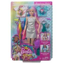 Barbie Bambola Capelli Fantasia A Tema Unicorni E Sirene con Accessori, Giocattolo Per Bambini 3+ Anni, GHN04