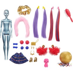 Mattel - Barbie- Color Reveal Bambola Afroamericana, con Glitter Blu e Cucciolo, HBG40