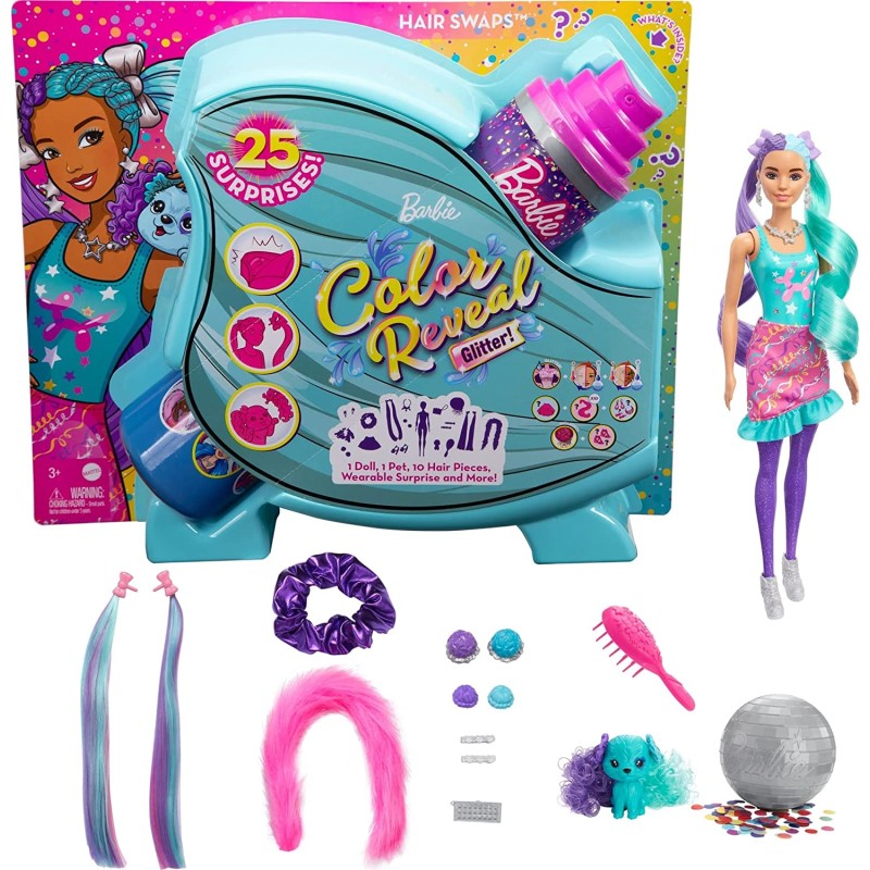 Mattel - Barbie Color Reveal Glitter, Bambola con Glitter Viola con 25 Sorprese e Tanti Accessori per Acconciature Capelli e a T