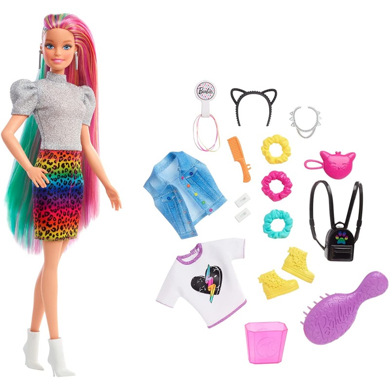 Mattel - Barbie - ​Bambola Bionda con Capelli Arcobaleno, Cerchietto e Borsa, Accessori a Tema Leopardo, 3+Anni, GRN81