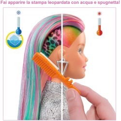 Mattel - Barbie - ​Bambola Bionda con Capelli Arcobaleno, Cerchietto e Borsa, Accessori a Tema Leopardo, 3+Anni, GRN81