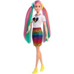 Mattel - Barbie - ​Bambola Bionda con Capelli Arcobaleno, Cerchietto e Borsa, Accessori a Tema Leopardo, 3+Anni, GRN81