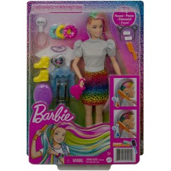 Mattel - Barbie - ​Bambola Bionda con Capelli Arcobaleno, Cerchietto e Borsa, Accessori a Tema Leopardo, 3+Anni, GRN81