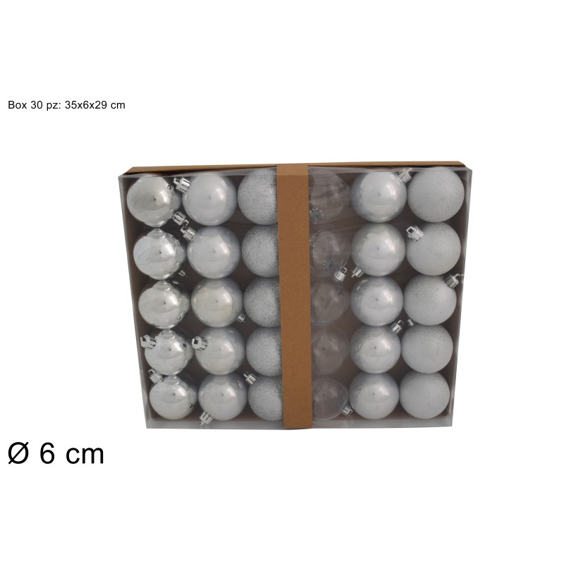 PALLE 6CM 30PZ 6 DECORI ASSORTITI IN BOX SILVER