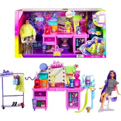 Barbie - Extra Fashion Studio con Bambola Snodata dai Capelli Viola e Cucciolo, Oltre 45 Accessori GYJ70