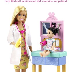 Barbie Carriere Playset Pediatra con Bambola Bionda, Neonato, Camice e Accessori, GTN51