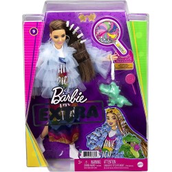 Barbie- Extra Bambola Castana con Vestito Arcobaleno e Giacca Azzurra, Cucciolo di Coccodrillo e Accessori alla Moda, GYJ78