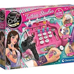 Clementoni- Crazy Chic-Tattoo Studio-Set, Laboratorio, Kit temporanei, Tatuaggi Glitterati-Tatoo Bambini-Gioco Creativo 7 Anni, 