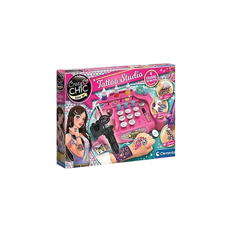 Clementoni- Crazy Chic-Tattoo Studio-Set, Laboratorio, Kit temporanei, Tatuaggi Glitterati-Tatoo Bambini-Gioco Creativo 7 Anni, 