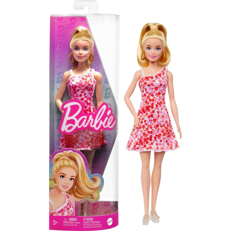 Mattel - Barbie Fashionistas con coda bionda, abito floreale rosa e rosso, sandali con plateau e orecchini a cerchio, 3+ anni, H